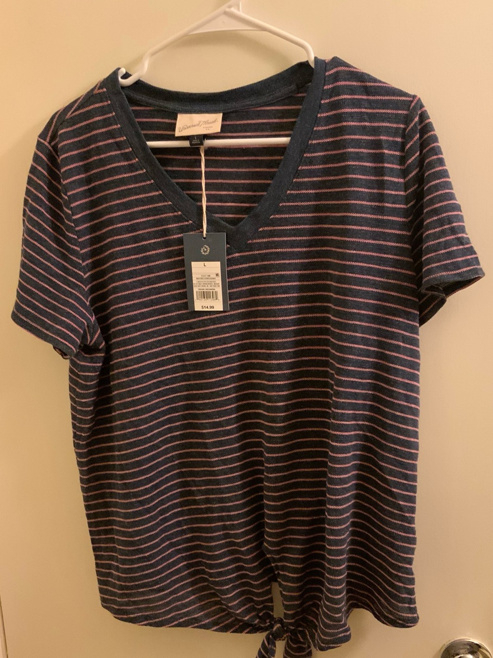 Universal Thread Navy Blue & Pink Striped V-Neck Tie-Front Tee